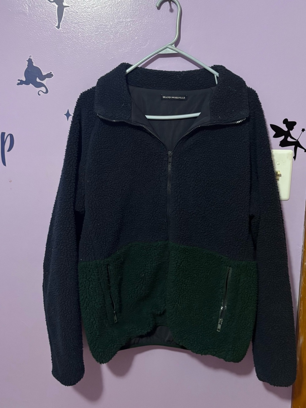 Brandy Melville Sherpa Zip Jacket - Navy Blue with Dark Green Panel